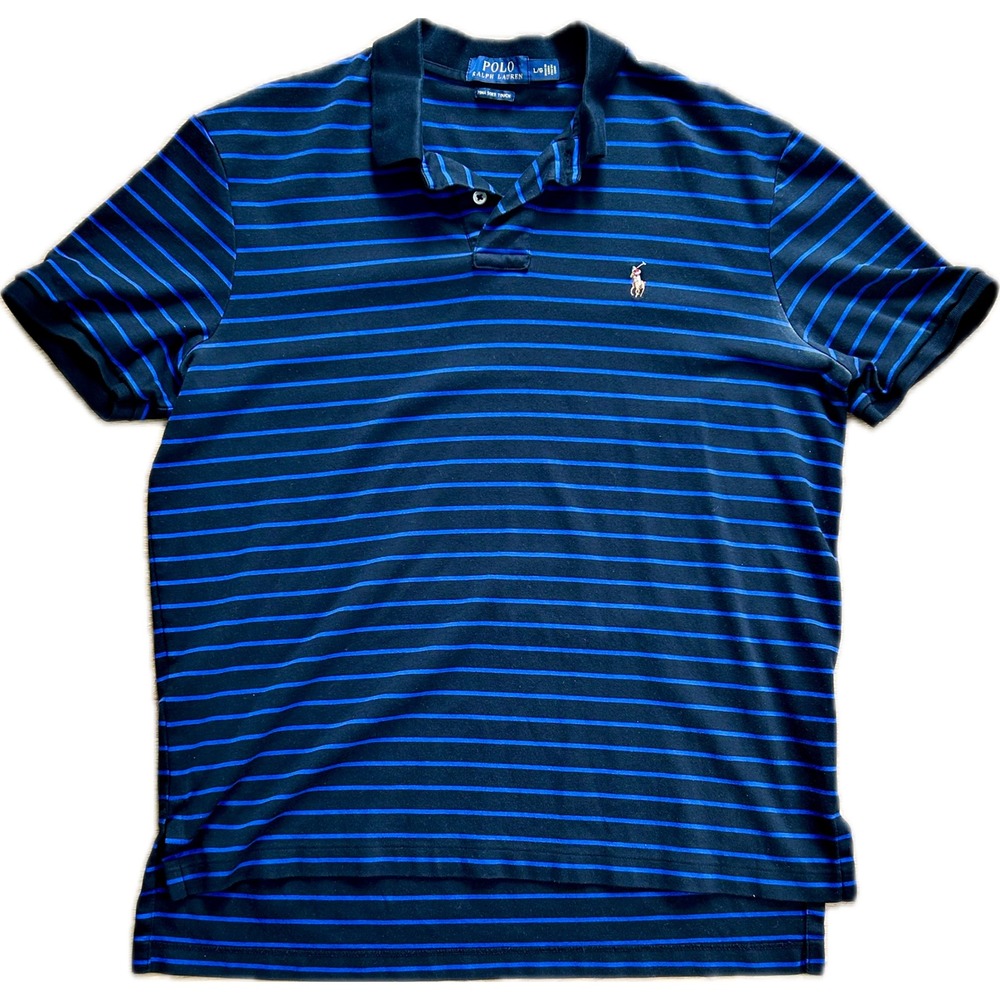 Polo Ralph Lauren Men Black Blue Striped Pima Soft Touch Polo Shirt Large L